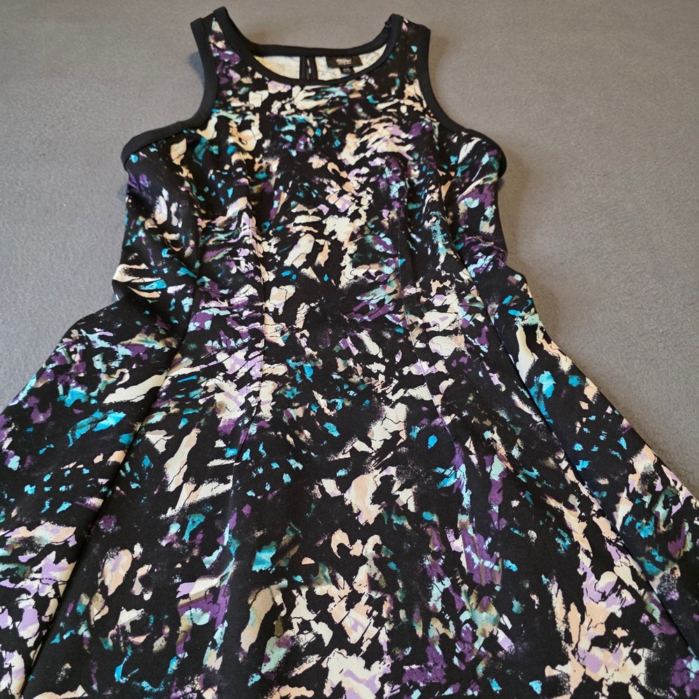 Mossimo Womens XS Fit N Flare Dress Abstract Print Black Purple Blue Sleeveless
